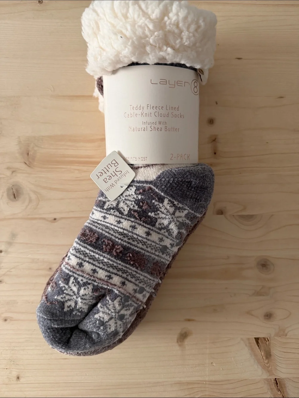 Layer 8 Plush Fleece-Lined Cable & Patterned Home Socks - 2Pack-Gray,Cream&Brown